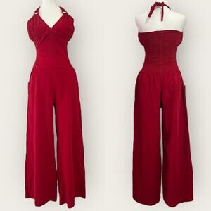 Butterfly Collection Vtg Red Wide Leg Halter Embroidered Jumpsuit XL